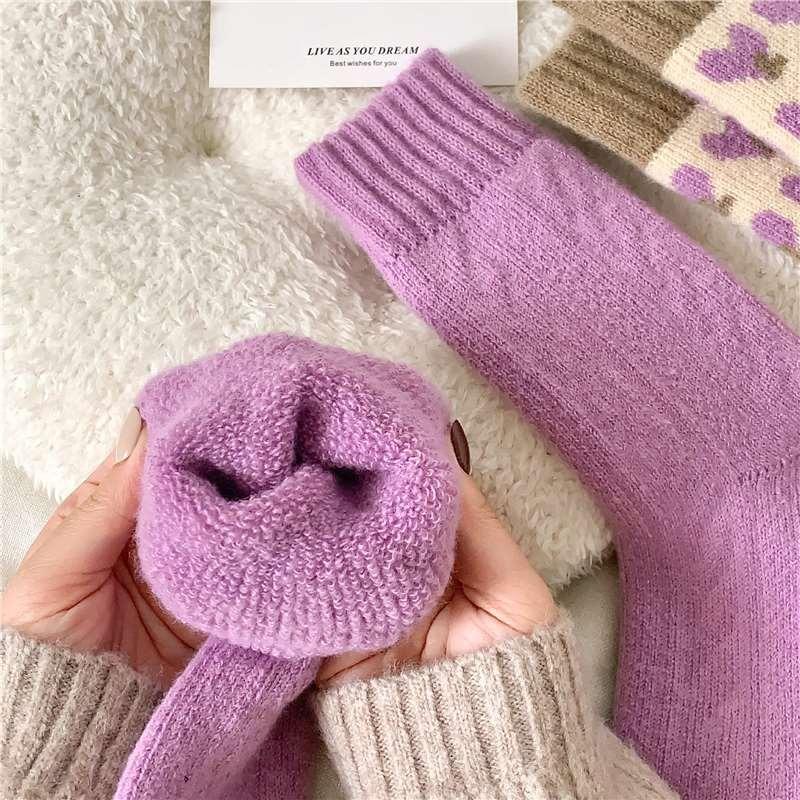 Women Autumn Winter Mid Length Socks Fashionable Versatile Purple Heart-Shaped Soft Warm Comfortable Casual Long Socks