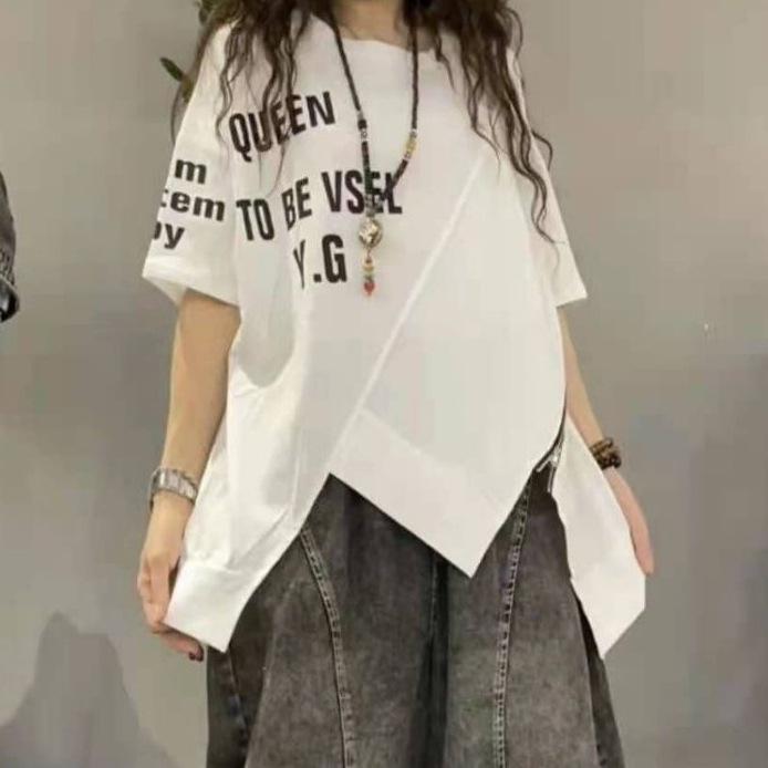 T-shirt Letni Nadruk Zamek Trend Nieregularny Krótki Rękaw Top Cienki Ins Uniwersalny Luźny Damska Odzież