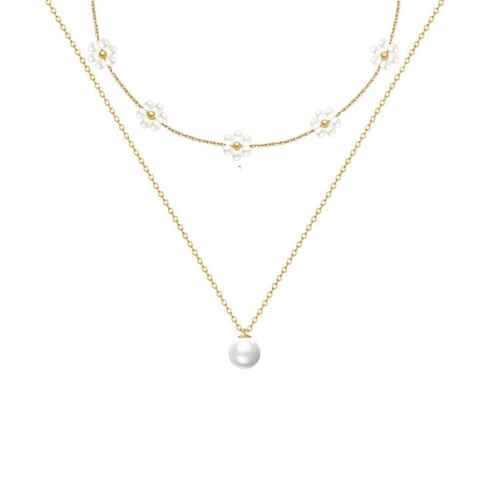 14K Gold-Plated Daisy Pendant Faux Pearl Double Layer Necklace for Women