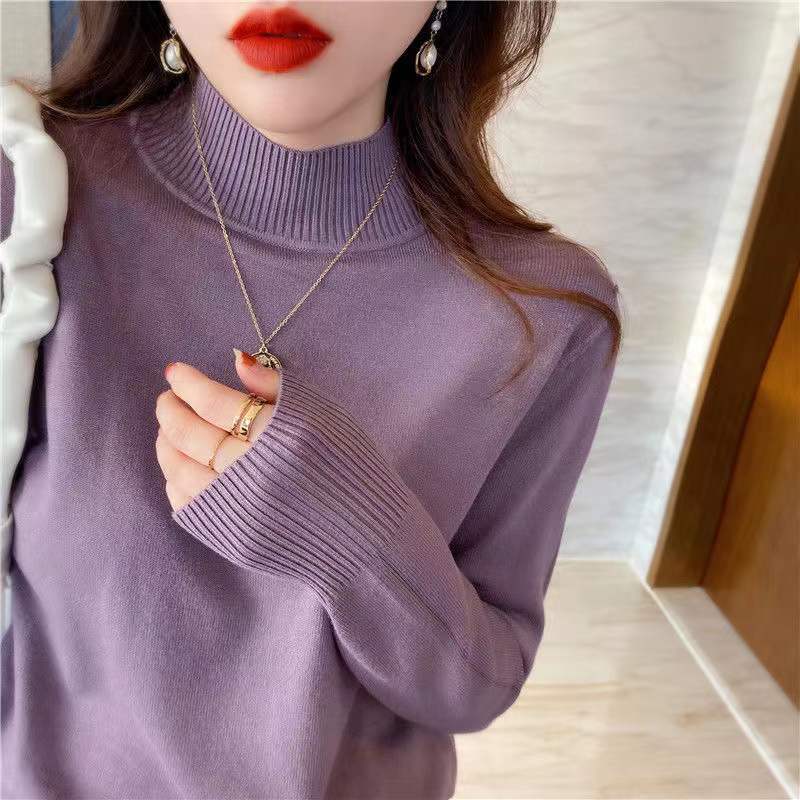 Pullover Sweater Women Autumn Winter Loose Outerwear Semi High Neck Knit Base Layer Gentle Top