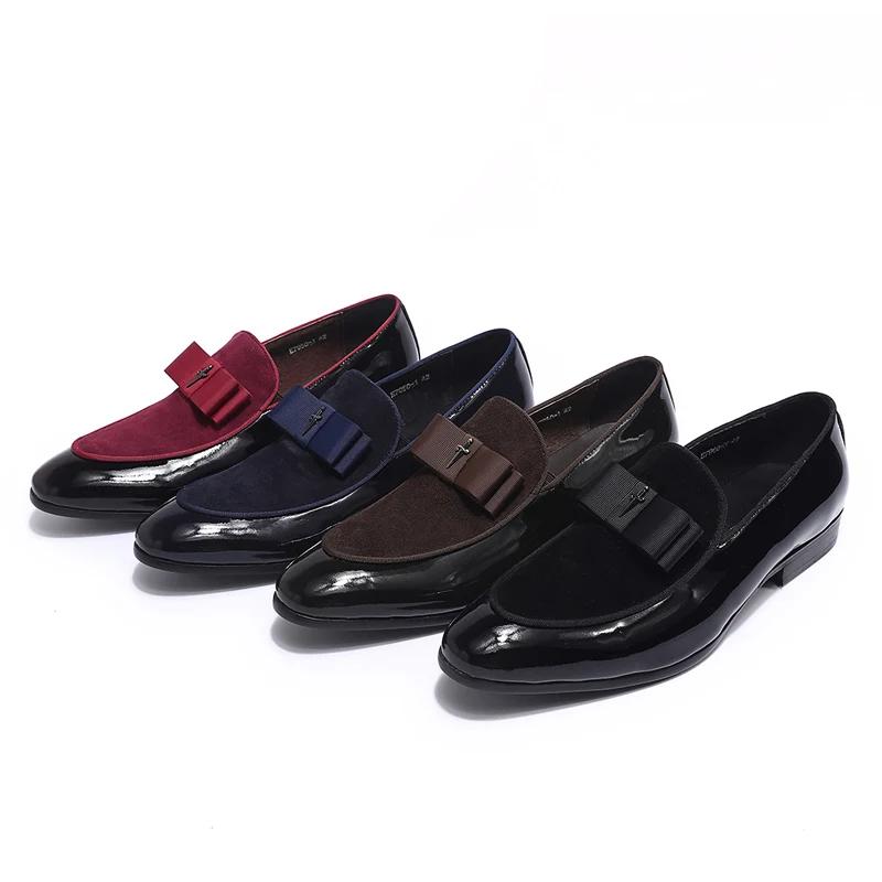 Handmade Men's Genuine Leather Patent Suede Loafers Patchwork Bow Tie Dress Shoes for Wedding Banquet Formal Occasions