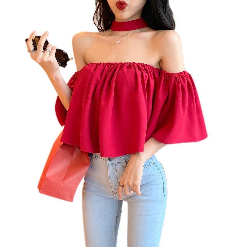 

Женский топ с открытыми плечами, летняя женская футболка с коротким рукавом, однотонная, повседневная, свободная, без бретелек One Size