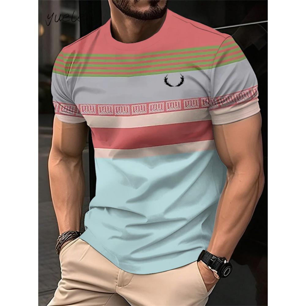 Fashion Striped Printed Men's T-Shirt Summer Breathable Men's Clothing Casual Loose Men Tops Versatile O-Neck Men Short Sleeved