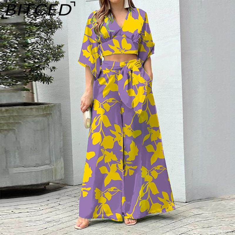 

BITCED V-neck Puff-sleeve Cropped Top with High-waisted Wide-leg Trousers Women s Spring Ensemble XXXL жёлтый/фиолетовый