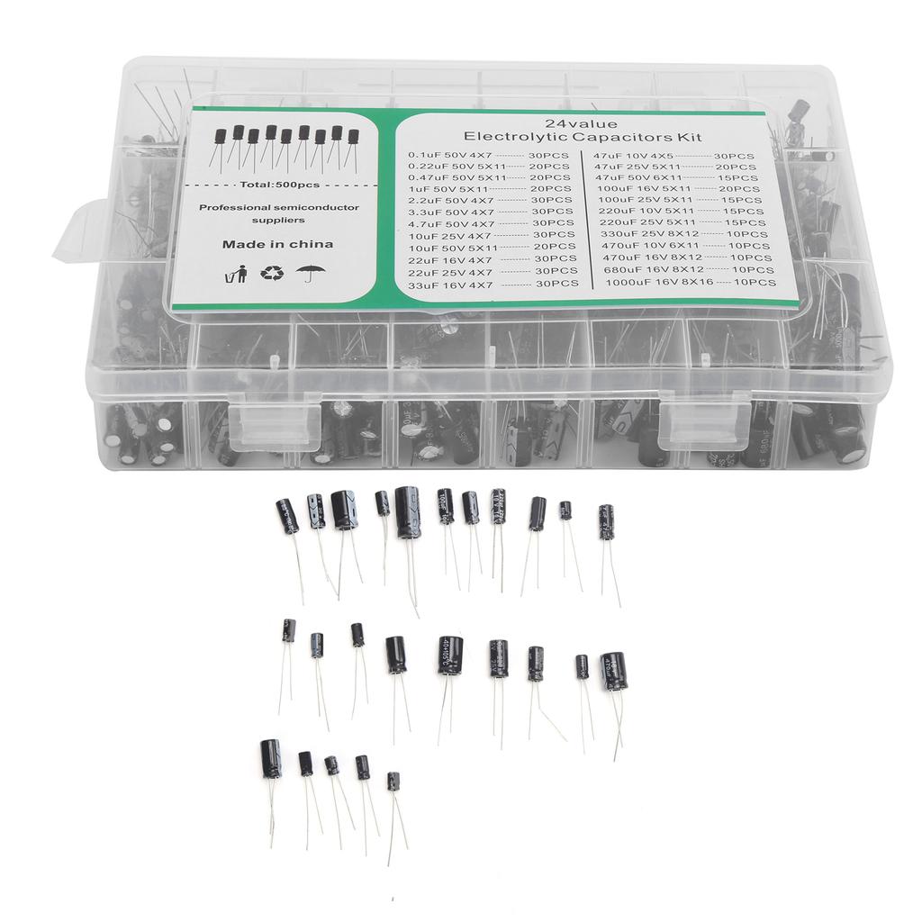 500Pcs Electrolytic Capacitor Kit 24 Value Assortment Box 0.1uF?1000uF 10V 16V 25V 50V