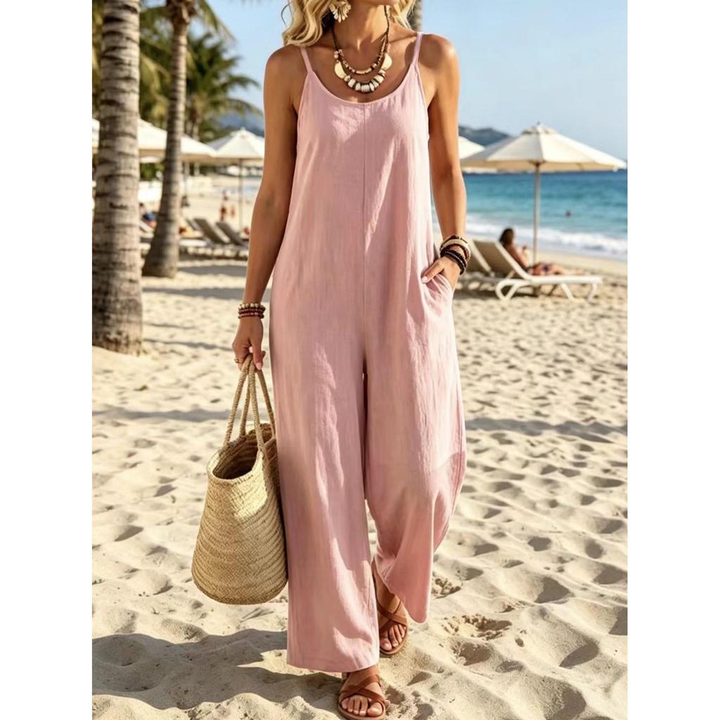 Round Neck Sleeveless Suspender Solid Color Jumpsuit With Pockets For Womens Summer Commuting Loose Casual Wide Leg Trousers