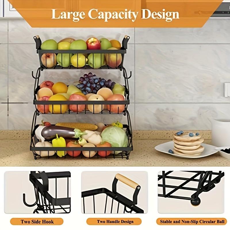 3-Tier countertop fruit basket with 2 banana hooks, removable metal device, wooden handle, can hold vegetables and fruits, black