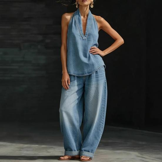 Halter Denim Set for Women Sleeveless Tank Top And Wide Leg Pants Lounge Sets Summer Casual Two Piece Outfits with Pockets