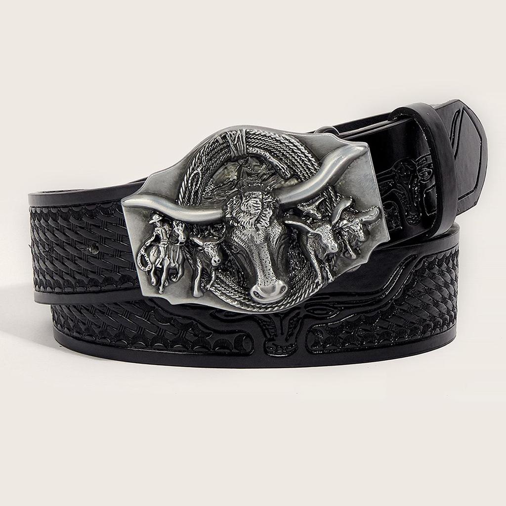 In-Stock Western Bull Head Buckle Leather Belt - Trendy Retro Punk Style for Men & Women