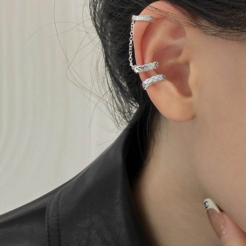 Rhombus Row Drill Ear Clips Without Ear Piercings, Personalized Xiaoxiangfeng Earrings, Long Chain Integrated Zircon Ear Bone Clips