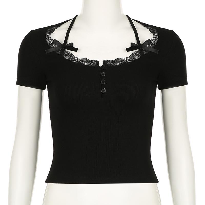 Slimming Square Neck Lace Patchwork Bodycon Top