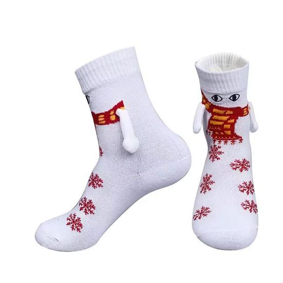 1 Pair Christmas Couple Socks Magnetic Hands Cartoon Deer Snowman Design Long Socks Soft Breathable Xmas Socks