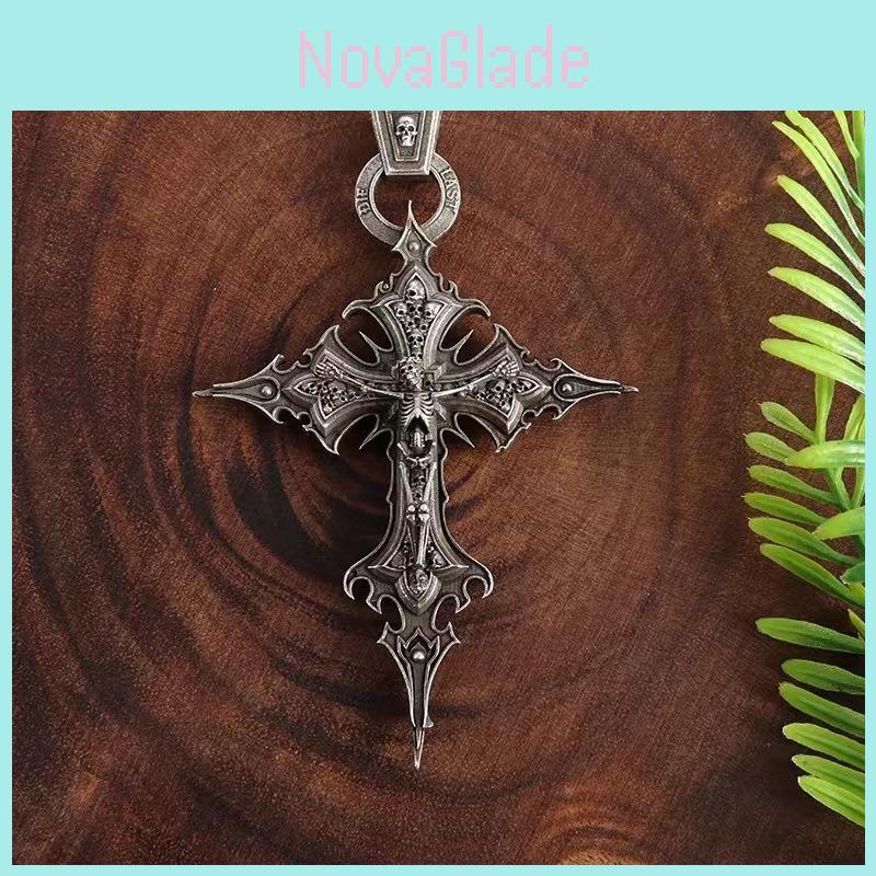 Unique Vintage Gothic Cross Skull Pendant Necklace With Eye-catching Pearl Chain Design