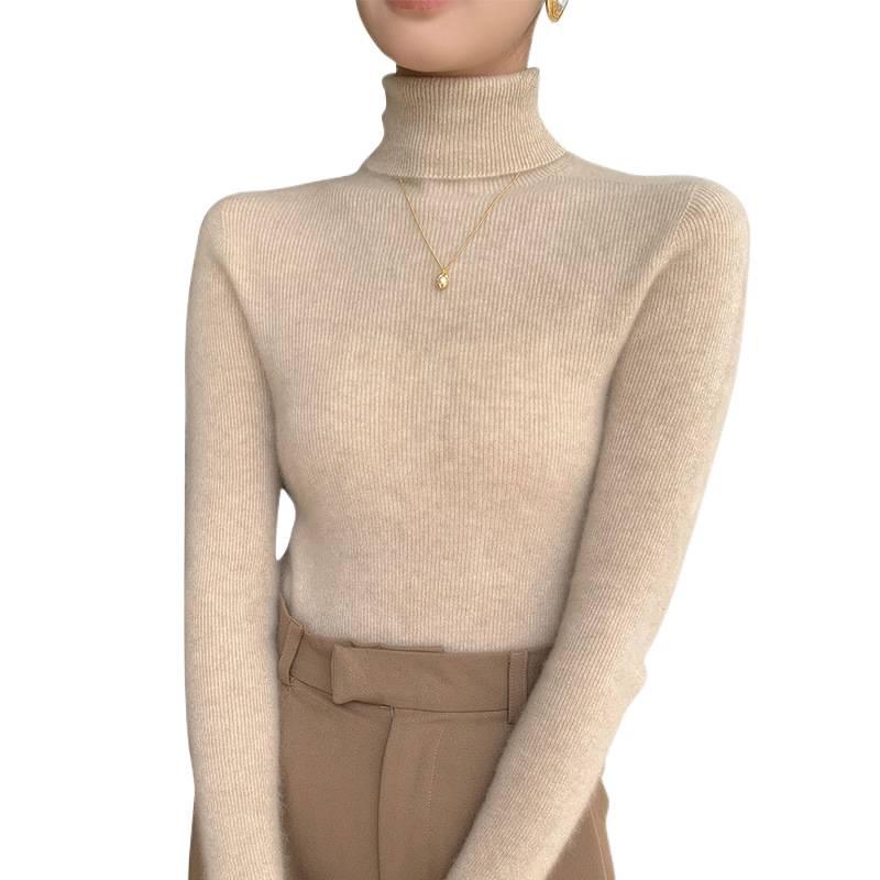 Women's Slim-Fit High-Neck Seamless Wool Base Layer Shirt, Autumn/Winter, Ruched Neck, Knitted Sweater.