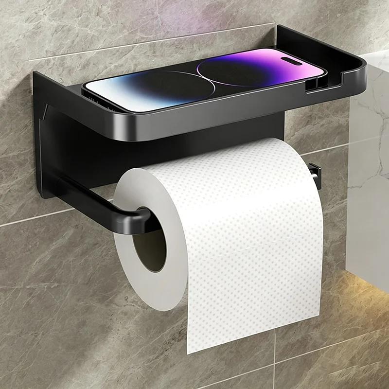 No-Drill Bathroom Toilet Paper Holder with Shelf, Wall Mounted Tissue Roll Dispenser for Bathroom, Multi-Functional Storage Rack