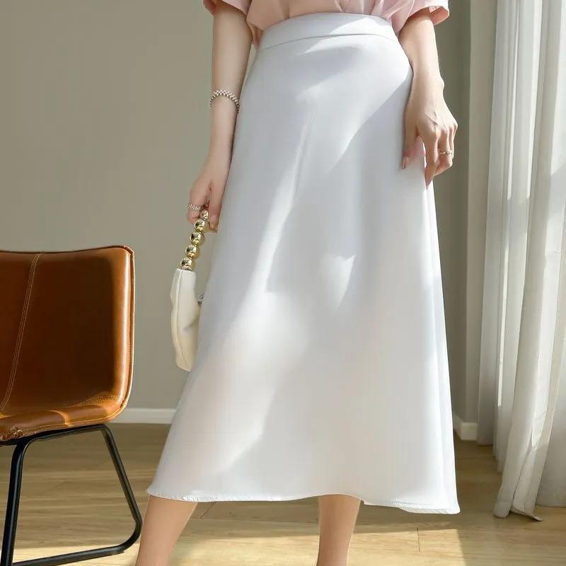 Women's Satin Midi Skirt Elegant High Waist A-line Flowy Silky Smooth Solid Color Casual Skirt