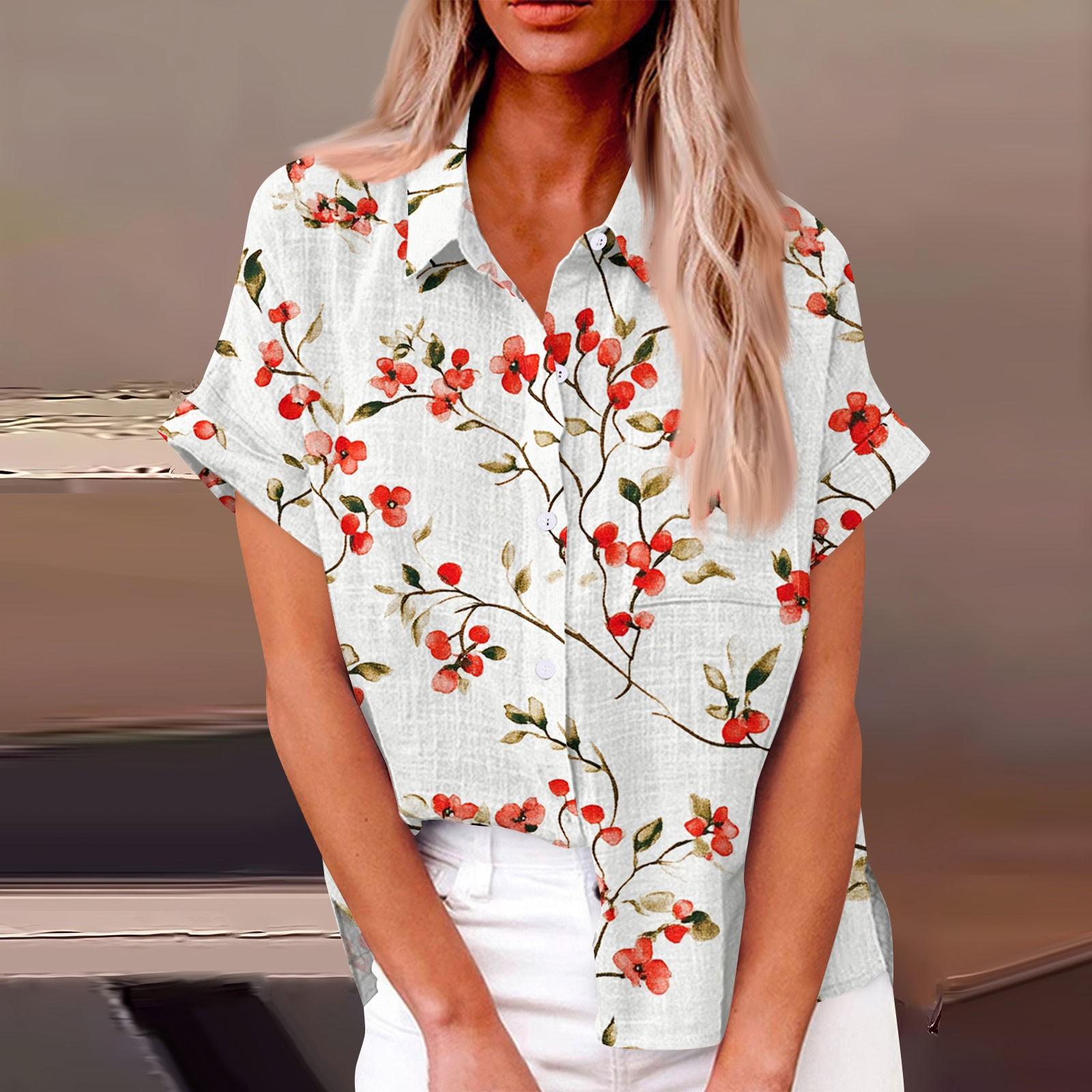 

Женская модная свободная повседневная рубашка с коротким рукавом и отворотом на пуговицах, футболка с принтом, топ XL красный