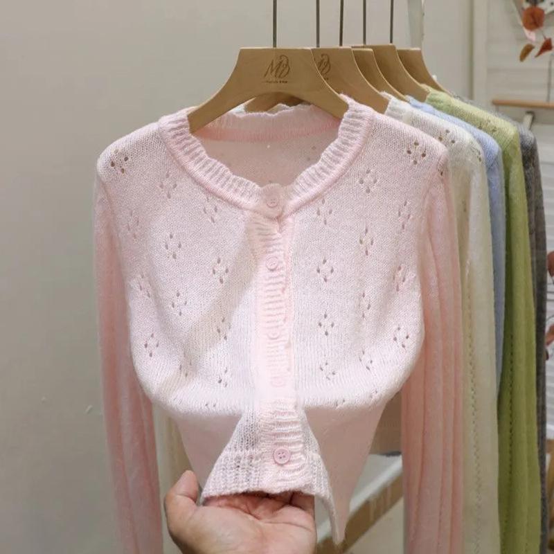 Design Sense Hollow Lace Knitted Cardigan for Women Retro Spring and Autumn Short Top