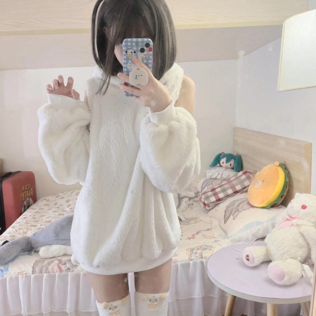 Vår Høst Kvinner Søt Søt Sau Øre Hettegensere Jente Sexy Chic Langermet Off Shoulder Løse Pullover Plysj Gensere
