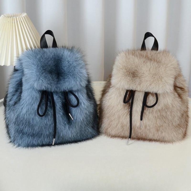Mochila de Pelúcia Y2k Feminina Pequena Fofa com Cordão Leopardo Fofa Bolsa Macia Liso Lã Mochila de Lã Quente de Inverno Mini Mochila de Pele Sintética