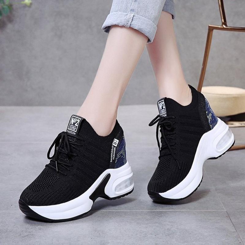 2025 New Women's Mesh Invisible Heightening Women's Wedge Heel Lace-up Sneakers Fashion Color Matching Women's Shoes