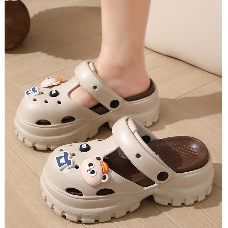 Unisex Summer Large Size Thick Bottom Cartoon Bear Indoor Hole Beach Sandals Women Men Casual Sponge Cake Anti Slip Slippers For Couples 36-41