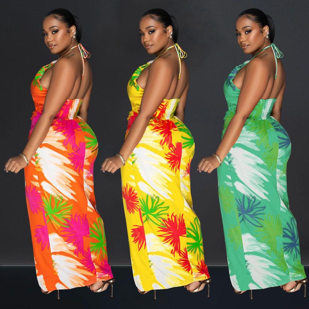 C6921 European & American Style Women's Printed Backless Lace-up Long Dress