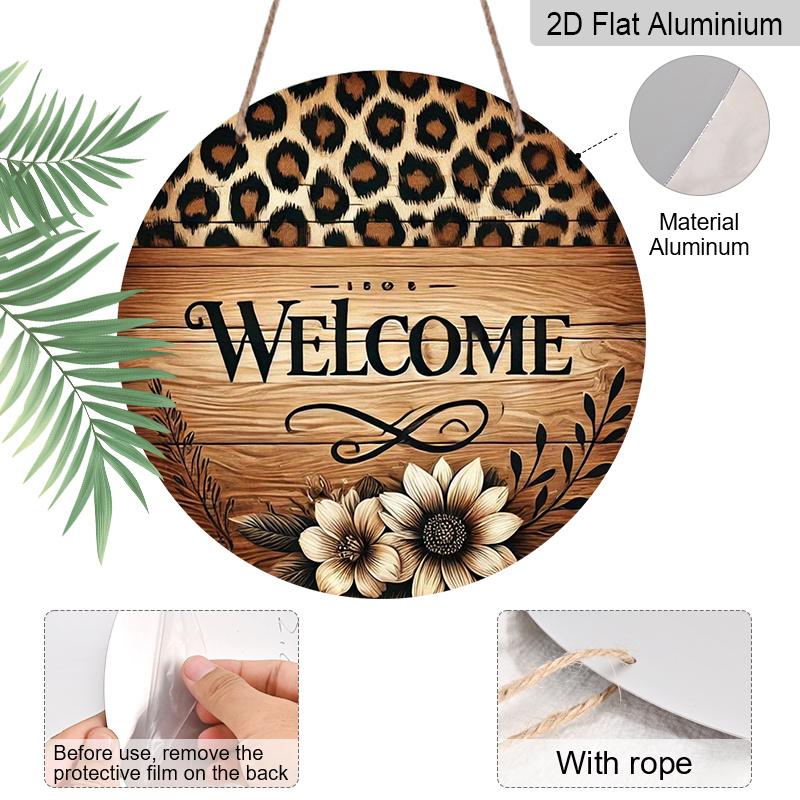 2D Flat Aluminum 7.87 Inch X 7.87 Inch Leopard Print and Floral Pattern Welcome Sign Wall Decoration, Vintage Style. Suitable for Cafes, Living