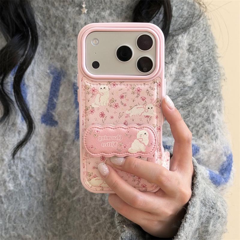 Pink Flower Cat Stand Case for iPhone 17/16 Pro Max/15/14