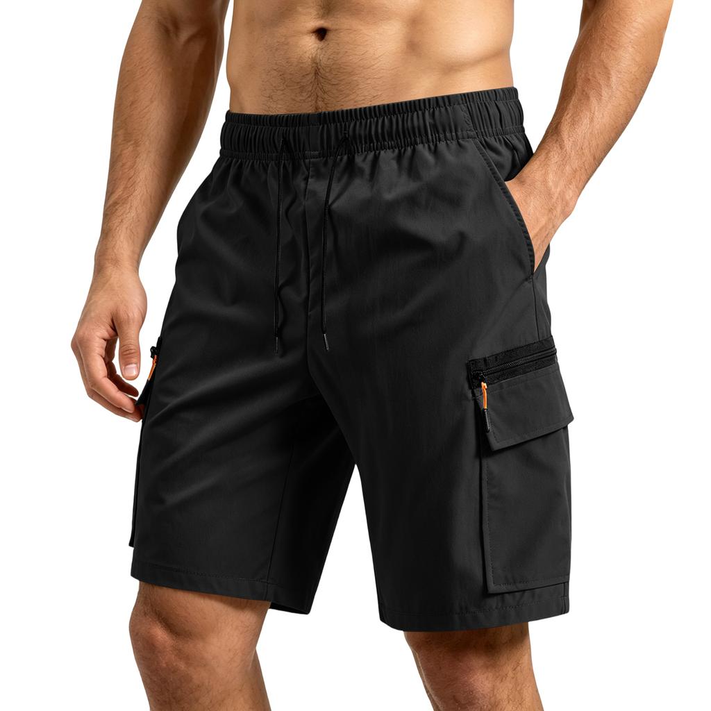 Mens Casual Loose Fit Multi Pocket Cargo Shorts with Elastic Waistband and Drawstring for Outdoor Activities