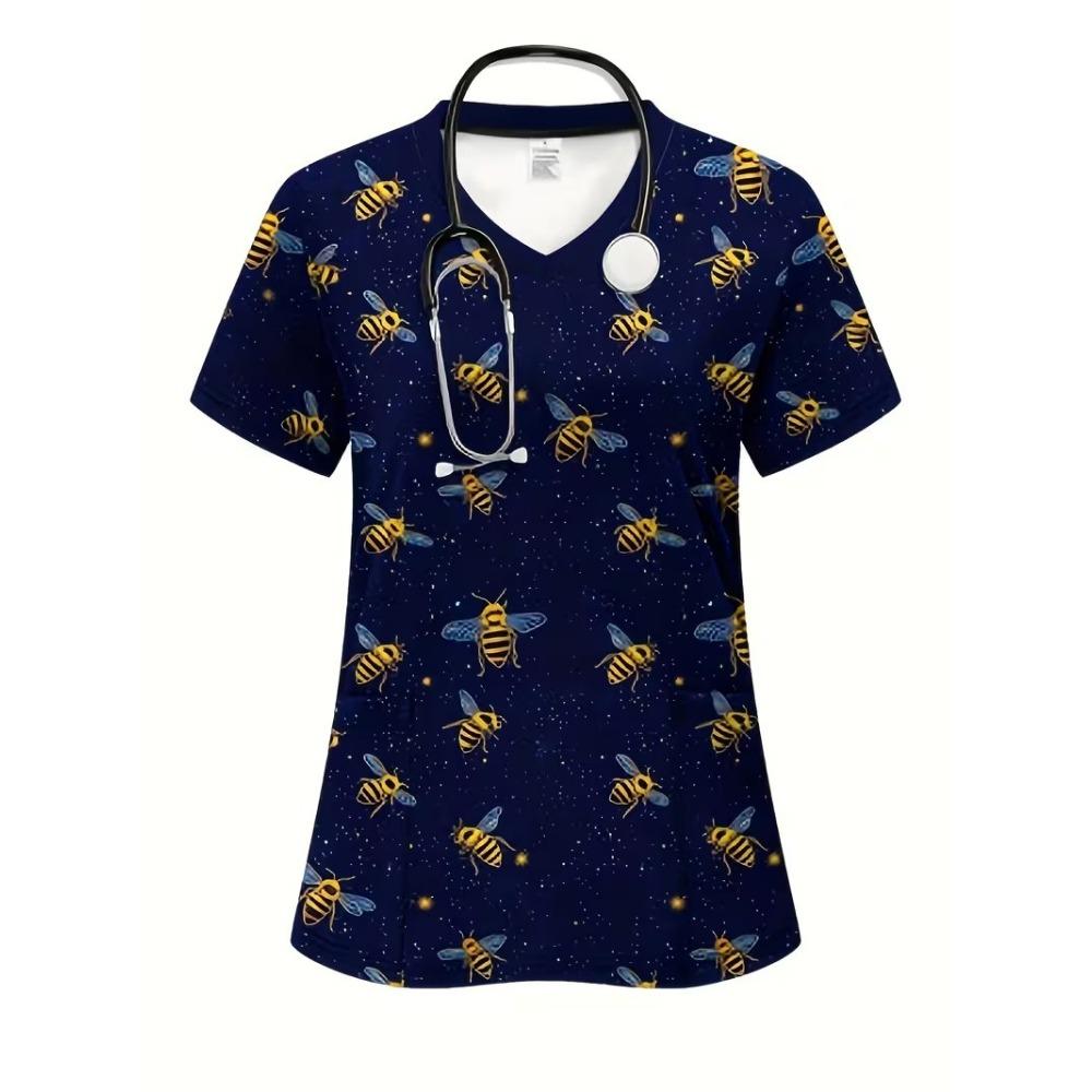 Surgical Gown Women's 3D Printed Nurse Top Summer Fashion V-tie Pocket Short Sleeved Women's Medical Gown