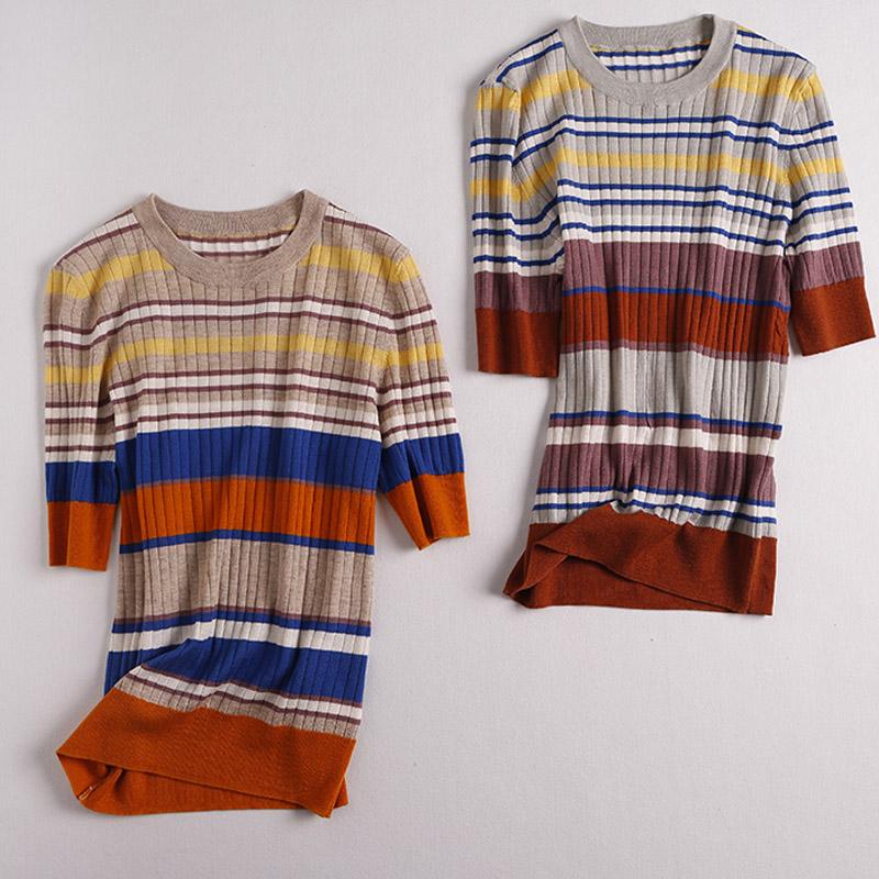 Women Sweaters Pullovers 2025 Summer Short Sleeve O-Neck Striped Slim Knitted Sweater Women Tops Pullover JJ315