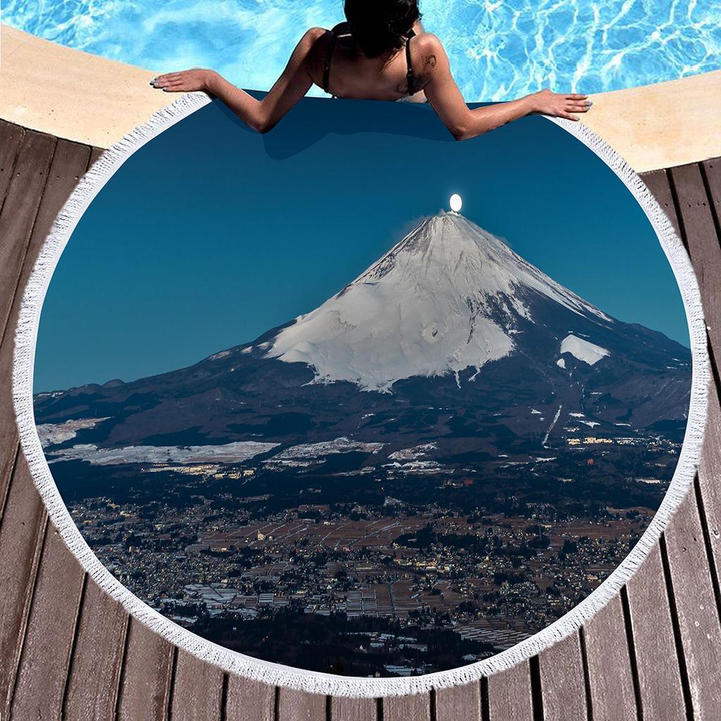Japanese Mount Fuji Round Beach Towel,Snow Mountain Sand Free Lightweight Beach Blanket,Absorbent Quick Dry Pool Towel Yoga Mat