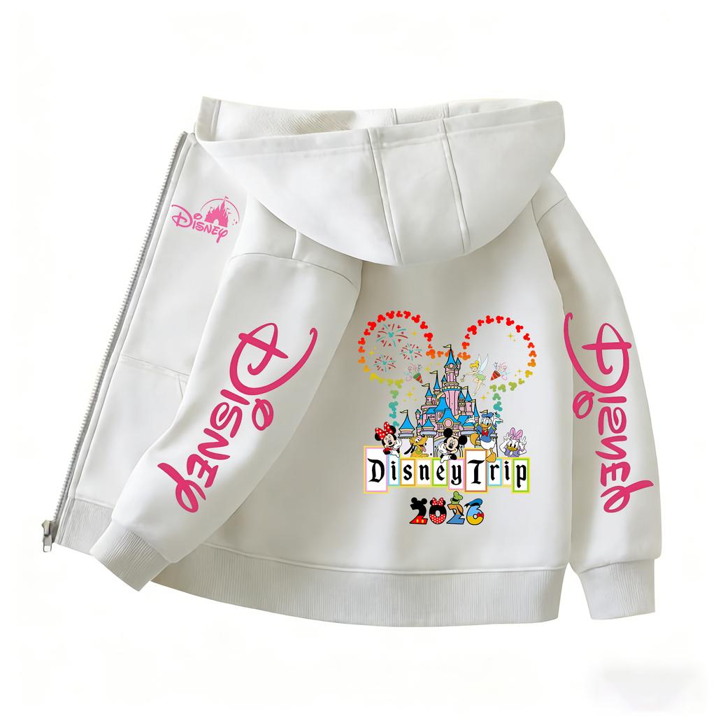 2026 Family Trip Kids Zip Up Hoodie Cute Cartoon Mouse & Friends Graphic Casual Hooded Jacket