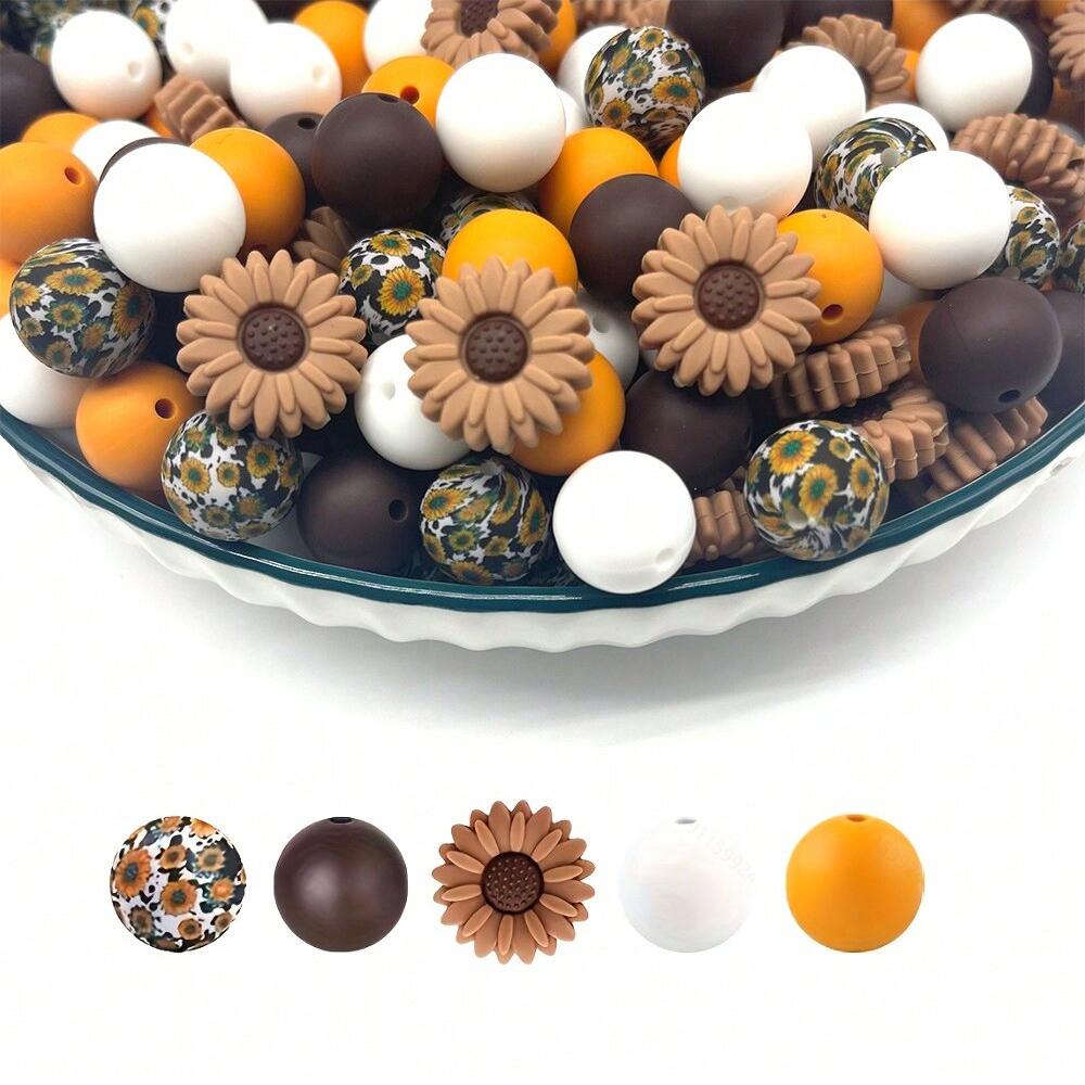 25PCS daisy and floral printed silicone bead set, punk style, suitable for DIY keychains, bracelets, bead pens