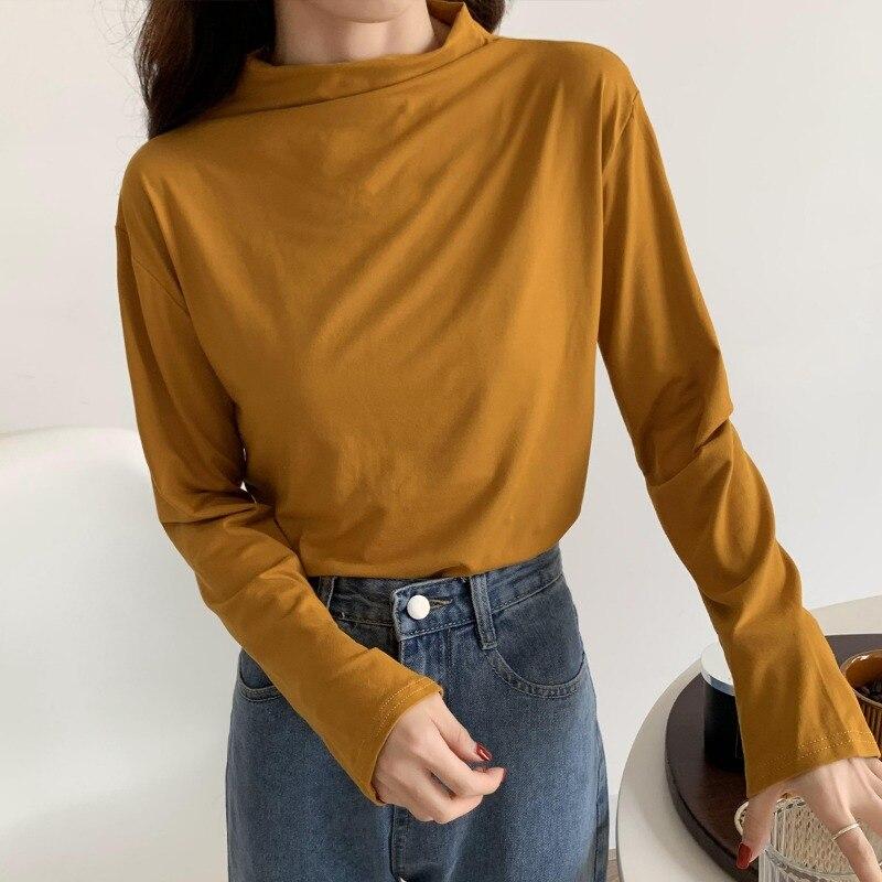 Langarm Shirt Bottom Frauen T-shirts Herbst Winter Mode Weibliche Beiläufige Dünne Hohe Elastische Mock Neck T-shirts Pullover Tops