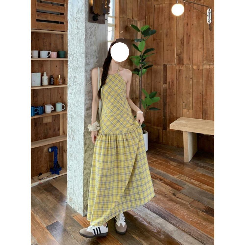 Summer Dopamine Wear Dali Holiday Beautiful Neck Suspender Dress Femininity Skinny Backless Long Skirt