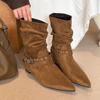 Retro Thick Heel Two Wear Pointed Knight Boots Women's 2025 Autumn and Winter New Suede Belt Buckle Versatile and Thin Boots