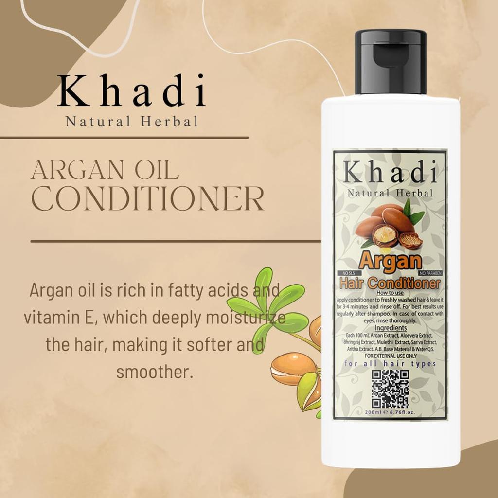 KHADI NATURAL Condicionador Herbal de Argan 200 ml Pacote Para Cabelos Secos e Frisados Cuidado Suave e Sedoso para os Cabelos