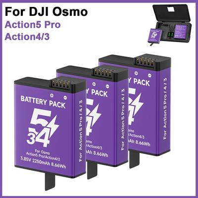 2250mAh Battery for Dji Osmo Action 5 Pro with Dual Slot Battery Charger For Action 5 Pro Action 4/3 Sports Camera Accessories