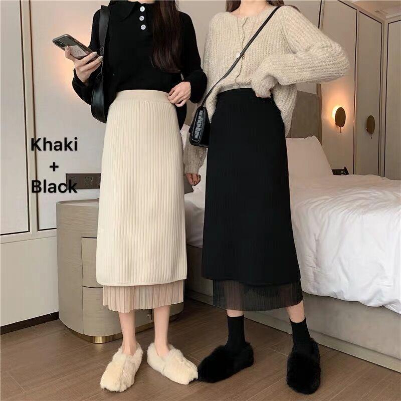 Reversible Pleated Women's Autumn Winter Knitted Midi Skirt A-Line Bodycon Style to Pair with Sweaters