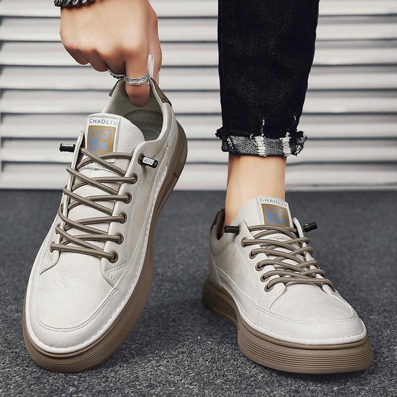 New Men's Genuine Leather Lace-Up Skate Sneakers Low-Cut Versatile Casual Sports Work Everyday Outdoor Comfortable Walking Shoes