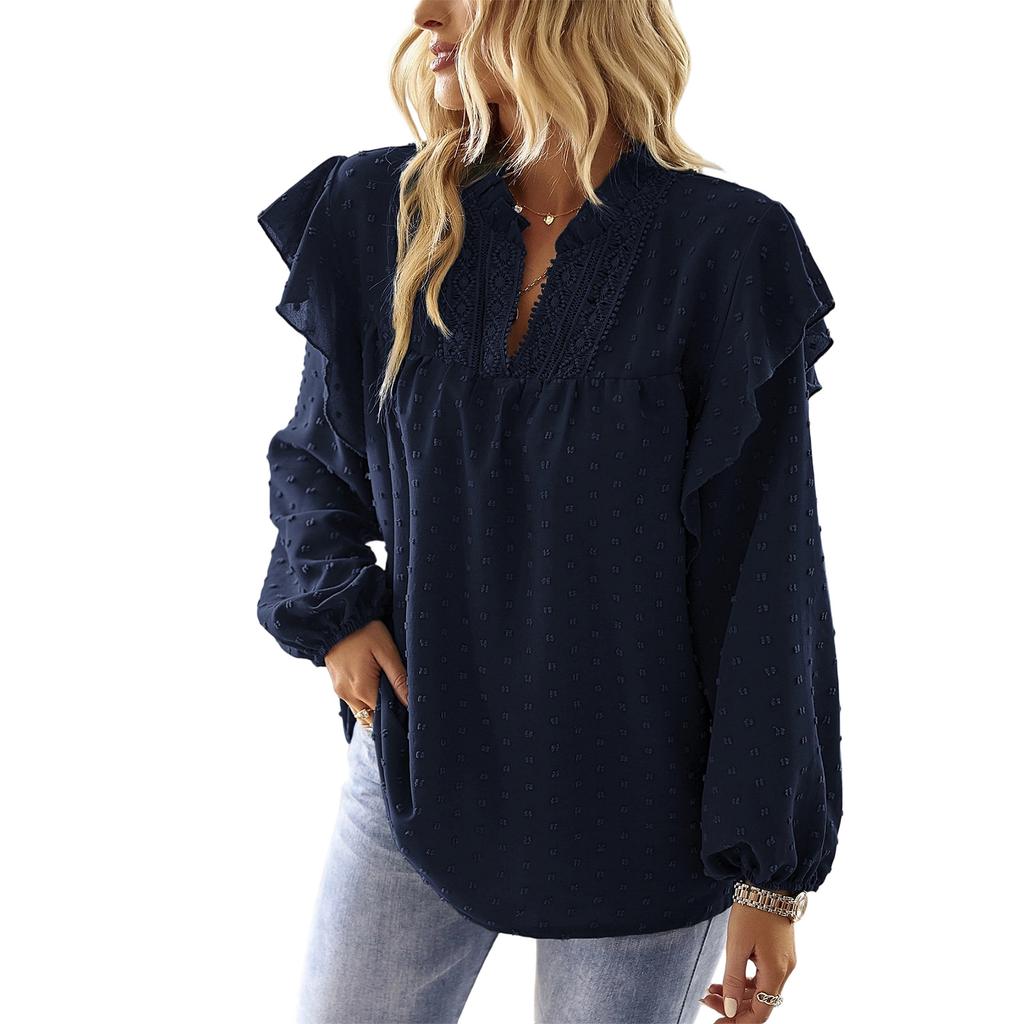 Women's V,Neck Lace Patchwork Blouse With Ruffled Sleeves