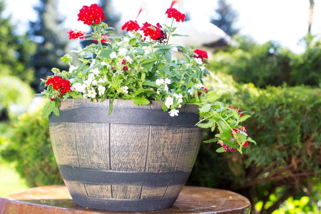 Dunkelbrauner Imitat-Holz-Blumentopf 33 cm Fass