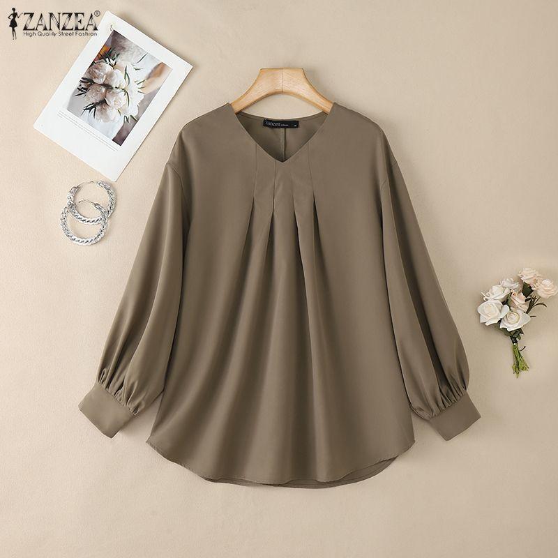 ZANZEA Lässige Bluse mit V-Ausschnitt und langen Ärmeln für Damen in Volltonfarbe