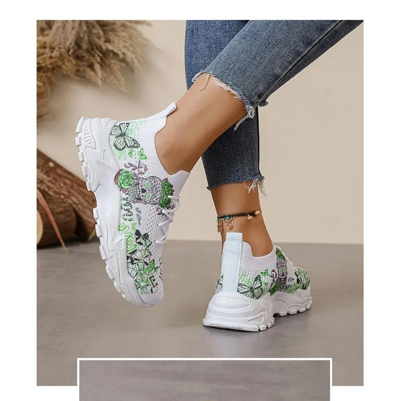 Dames fritidsvevd nettstoff blomsterknyttede sports komfortable og pustende løpesko