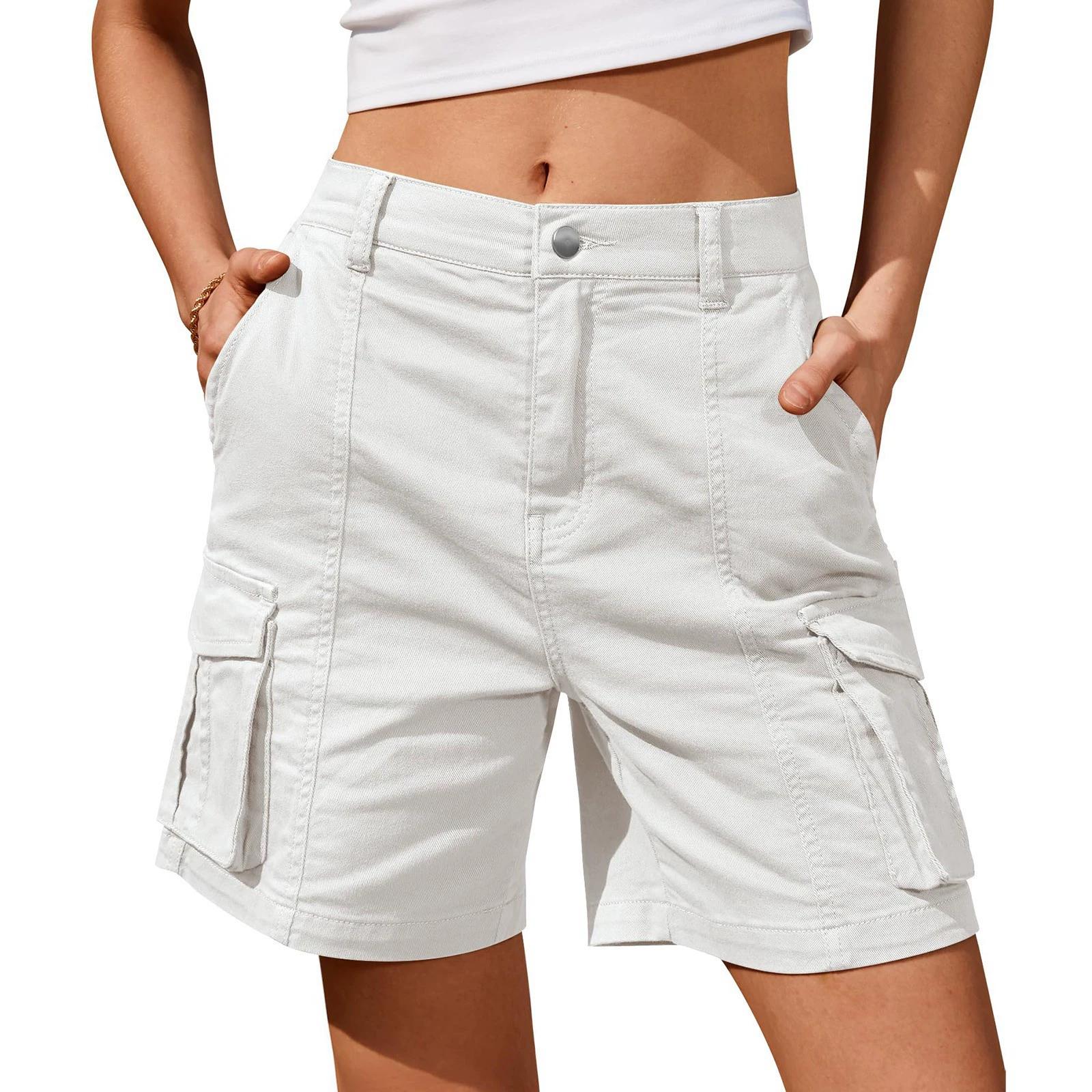 

Women s Summer Solid Color Dry Work Pants Casual Multi-Pocket Micro Stretch Shorts 2XL белый