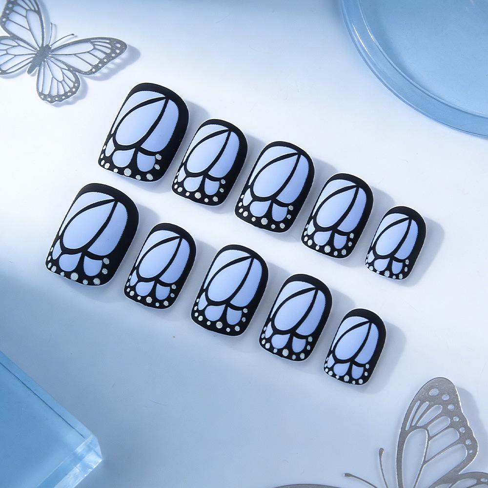 Spring/Summer Blue Butterfly Frosted False Nails - 24 Piece Set: Short, Square, Removable, Girly, Simple, and Cool.