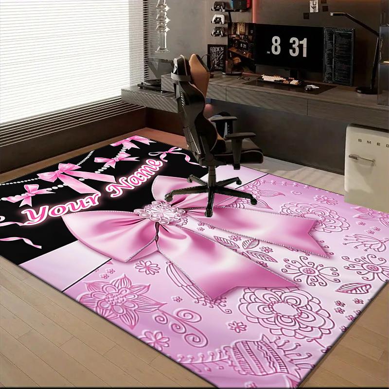 1PC Custom Name Pink Bow Elegance Theme Floor Mat Ideal for Living Room, Game Rooms, Office, Bedroom,Floor Mat Playful Design