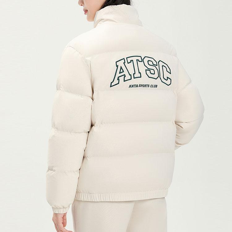 Anta Letter Zipper Stand Collar Long Sleeve Down Jacket Women Outerwear Stone-White 162348903-1